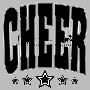May include: Black and white graphic design of the word "CHEER" with five white stars with black outlines below. The word "CHEER" is in a bold, blocky font.