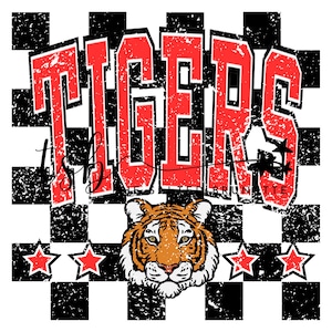 May include: Red and white chequered background with the word "TIGERS" in red with a distressed look. A tiger head is in the centre of the design. There are three red stars at the bottom of the design.
