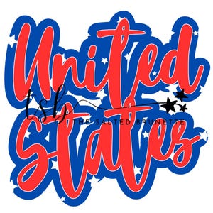 Puede incluir: Un diseño patriótico con las palabras "United States" en escritura roja con un contorno azul, sobre un fondo azul con estrellas blancas. También está presente el texto "The Salted Brunette".