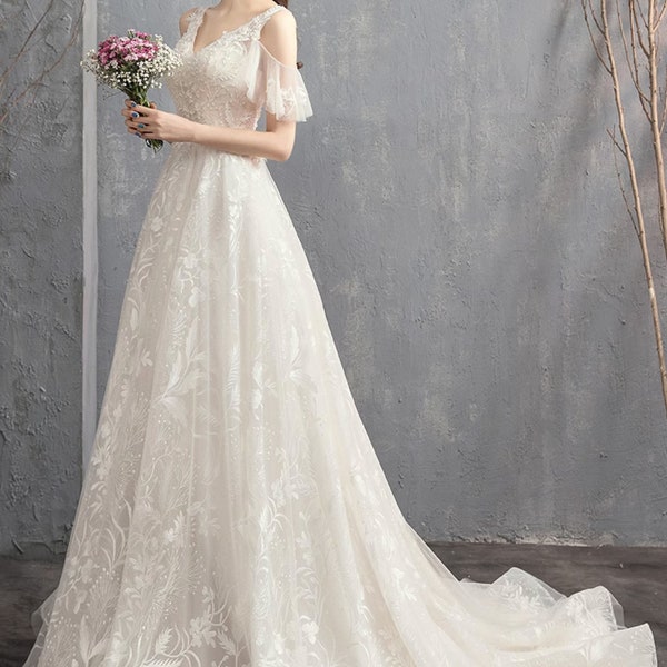 V-neck Lace embroidery A-line Wedding Dress