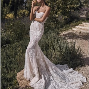 Vestido de noiva estilo sereia de renda de alta qualidade com top tubinho e estilo francês