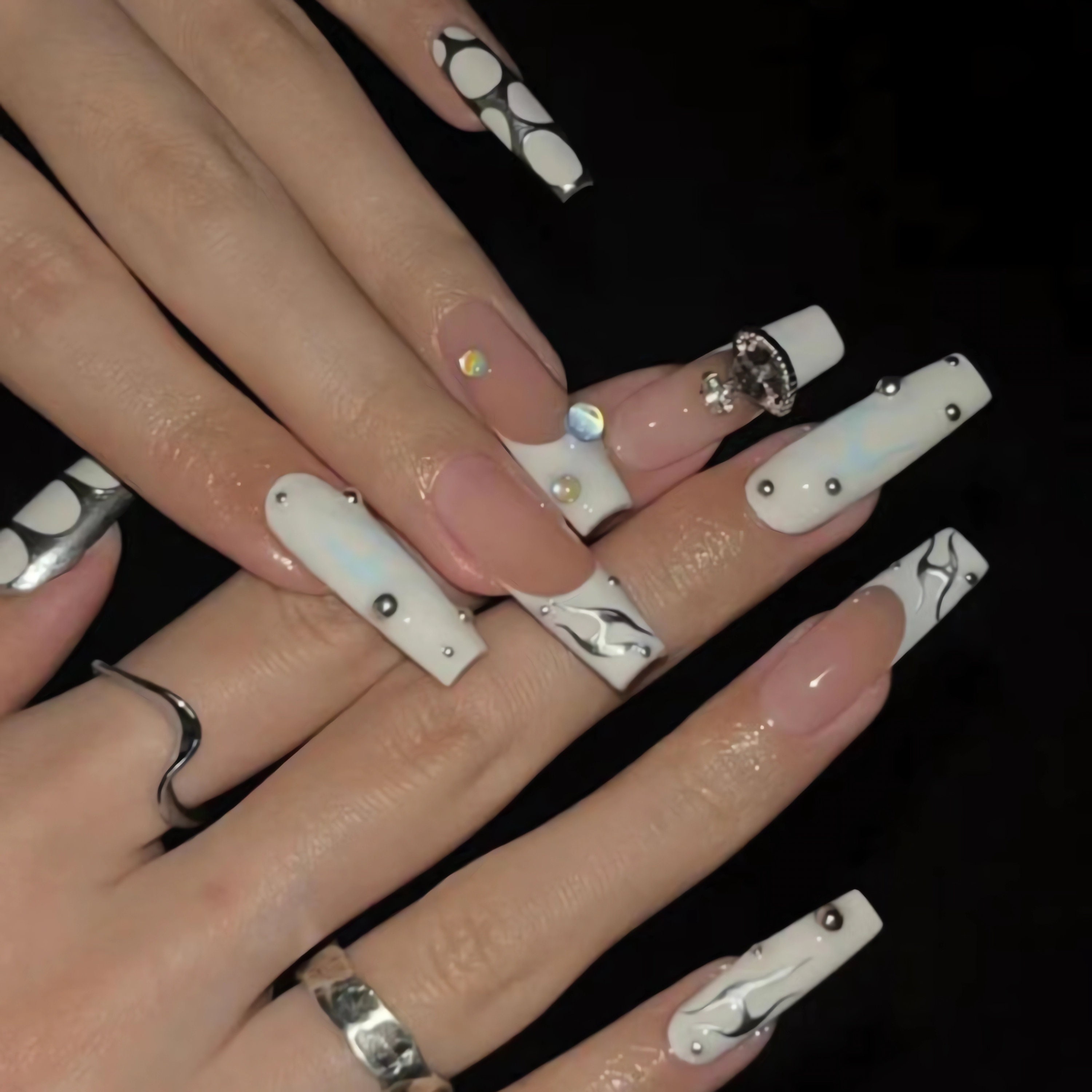 Milky White Pink Bling Press on Nails White Nails Long Nails Pink