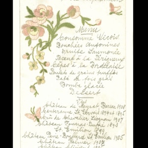 Rare illustration brodée « French Menu » des années 1900, manuscrite, vaisselle classique, vin vintage, amateur de vin, vignette de dîner, cadeau