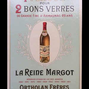 Cartel publicitario de armagnac francés antiguo de 1900 "Una botella para dos vasos grandes" Decoración de pared de casa de campo, arte de pared de granja, regalo de vino