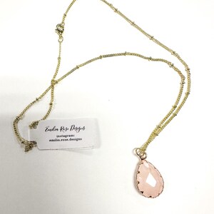 Pink Rose Quartz Gemstone Drop Pendant on Gold Filled Necklace