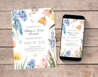 Editable Mother's Day Brunch Invitation, Floral e-vite, Mother's Day Party Invites, Digital Download