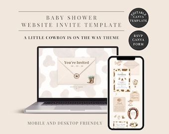 A Little Cowboy On The Way Baby Shower Website Invitation Template with RSVP, Editable Canva Website (Instant Download)
