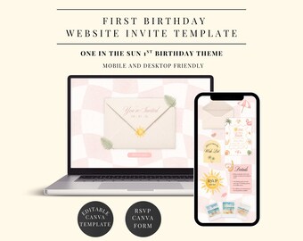 One in the Sun 1st Birthday Website Invitation, Editable Summer Party Canva Website (Instant Download)
