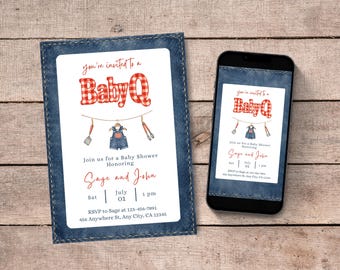 Baby-Q Baby Shower Invitation Templates, BBQ Theme Baby Shower, Baby-Q Evite (Instant Download)