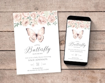 Editable Butterfly Baby Shower Invitation, Pink Floral Butterfly Theme, Our Little Butterfly is On The Way (Instant Download)