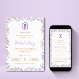 Può includere: Un biglietto d'invito bianco e uno smartphone che mostra lo stesso design. L'invito presenta bordi floreali in rosa e blu, con testo che invita gli ospiti a una "Watch Party". Lo schermo dello smartphone rispecchia il design dell'invito.