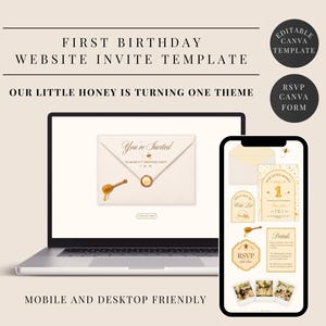 Our Little Honey is Turning One First Birthday Website Invite Template, Trackable RSVP Included, Editable Canva Website (Instant Download)