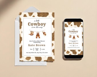 Cowboy Baby Shower Invitation, Rodeo Western Theme, Editable Canva Template (Instant Download)