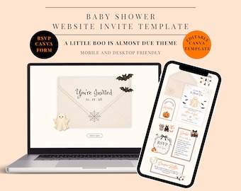 May include: A digital baby shower website invitation template featuring a ghost and bat theme. The laptop and smartphone screens display an envelope graphic with the text You're Invited 10.15.26, alongside various event details, RSVP forms, and registry links.
