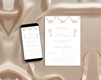 Pearls and Prosecco Bridal Shower Invite, Bridal E-Vite, Editable Template in Canva, Instant Download