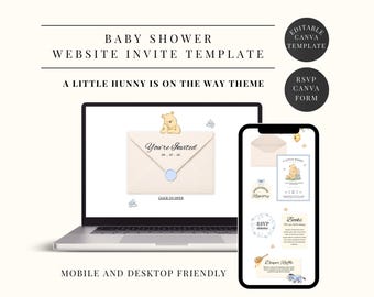 Winnie-the-Pooh Baby Shower Website Invitation Template with RSVP, Editable Blue Canva Website (Instant Download)