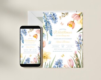 Editable Wildflower First Birthday Invitation, Floral Template, Floral 1st Birthday E-Vite, Instant Download