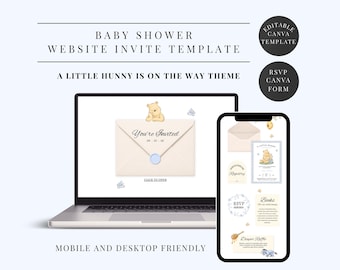 Winnie-the-Pooh Baby Shower Website Invitation Template with RSVP, Editable Gingham Blue Canva Website (Instant Download)