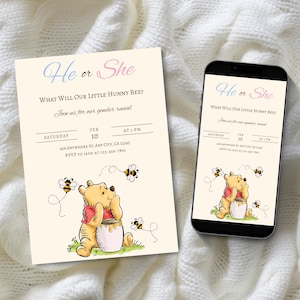May include: An invitation and a smartphone display a gender reveal announcement. The text reads "He or She" and "What Will Our Little Hunny Bee?" with a Winnie the Pooh illustration. The date is February 10th.