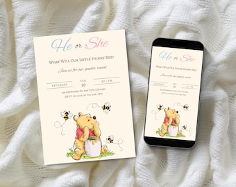 Winnie-the-Pooh Gender Reveal Invitation, Hunny Bee Theme (Digital Download)