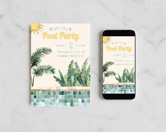 Editable Pool Party Invitation, Printable Modern Pool E-Vite, Summer Kickoff Party, Instant Download
