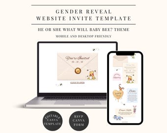 Winnie-the-Pooh Gender Reveal Website Template, RSVP Canva form included, Editable Canva Website