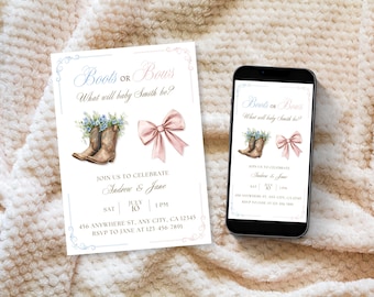Editable Boots or Bows Gender Reveal Invitations, Editable Western Theme Invite (Instant Download)