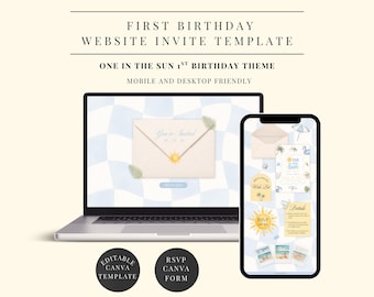 One in the Sun 1st Birthday Website Invitation, Blue Editable Summer Party Canva Website (Instant Download)