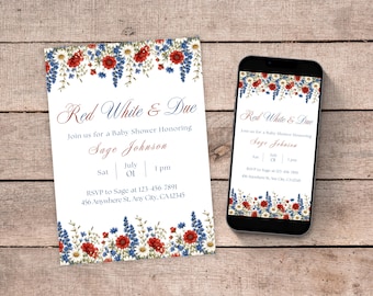 Red, White, and Due Baby Shower Invitation Templates, Editable All American Printable and Mobile (Instant Download), 4th of July Party Evite