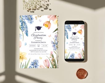 Editable Floral Graduation Party Invitations, Wildflower Graduation E-Vite, Instant Download