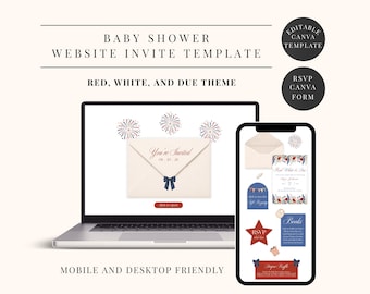 Red, White, and Due Baby Shower Website Template, Editable All American Canva Website Invite (Instant Download), 4th of July Party Invite