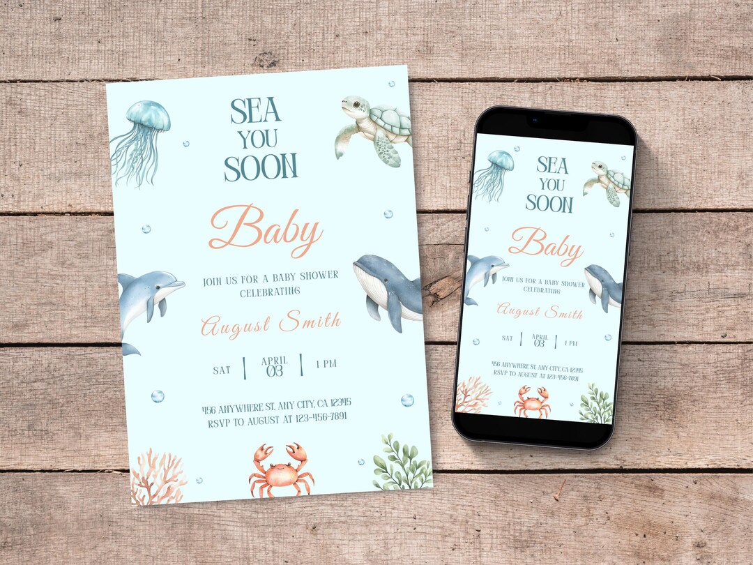 Sea You Soon Baby Shower Invitation, Coastal Editable Canva Template ...