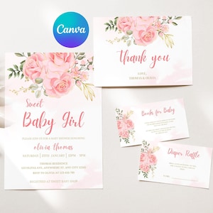 blush pink girl baby shower invitation sweet baby girl invite pink floral shower invitation diaper raffle book request editable template