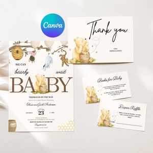 Invitations de baby shower avec Winnie l'ourson Modèle neutre imprimable pour shower de Winnie l'ourson, téléchargement numérique instantané