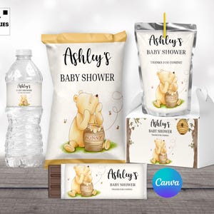 Winnie Puuh Baby Shower Bundle Etiketten Wasserflasche Caprisun Giebel Box Hershey Bar Wrapper Chip Taschenvorlagen canva editierbar druckbar