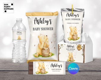winnie the pooh baby shower bundle labels water bottle caprisun gable box hershey bar wrapper chip bag templates canva editable printable