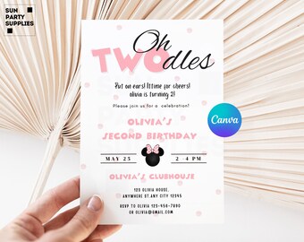 Oh Twodles 2nd Birthday Invitation, Pink Minnie Mouse Theme (Digital, Editable in Canva)