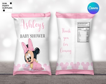 Modello per sacchetto di patatine per baby shower a tema Minnie rosa (download digitale)