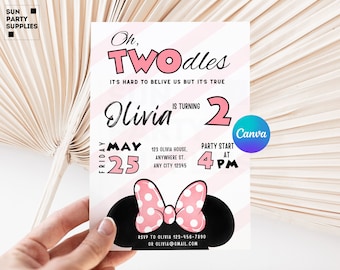 Minnie Maus 2. Geburtstagseinladung, Oh Twodles (digital, bearbeitbar in Canva)