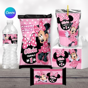 Minnie Mouse rosa Compleanno Stampabili Minnie Mouse Bomboniere per feste Modelli per sacchetti di patatine Etichette per bottiglie d'acqua Modello Caprisun Modello per scatola a capanna