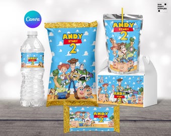 Imprimibles de cumpleaños de Toy Story, regalos de fiesta de Toy Story, plantillas de bolsas de papas fritas de Toy Story, etiquetas, plantilla de botella de agua, plantilla de capris, plantilla de caja a dos aguas.