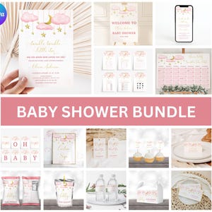 Paquete de baby shower con estrellita rosa brillante, paquete de juegos para baby shower de niña con luna y estrellas doradas, paquete de invitaciones editables e imprimibles