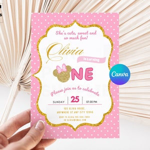 1st Birthday Minnie Mouse Birthday Invitation, Girls minnie invitations, Mouse Birthday Invite, Editable Minnie Mouse Birthday party, IA062