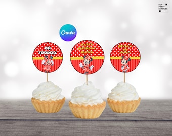Red Minnie Mouse Cupcake Toppers, Birthday Party (Digital Download)