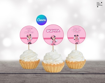 Pink Minnie Mouse Cupcake Toppers, Birthday Party (Digital)