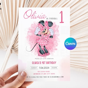 1er anniversaire de Minnie Mouse, invitation, anniversaire de Minnie Mouse, Invitation d'anniversaire, premier anniversaire de Minnie Mouse IA001
