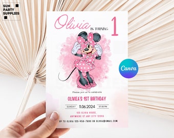 Minnie Mouse 1st Birthday Invitation, Editable Template (Digital)