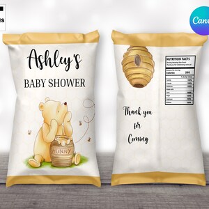 May include: A yellow and white chip bag with a Winnie the Pooh character holding a honey pot. The bag says "Ashley's Baby Shower" and "Thank you for coming".