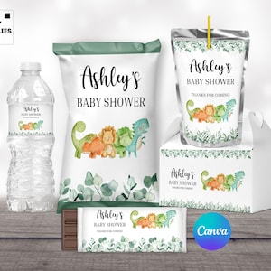 Paquete para Baby Shower de Dinosaurios / Etiquetas y Plantillas Editables (Canva)