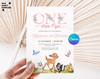 Convite editável do Bambi, convite de aniversário do Bambi, convite de aniversário na floresta, convite para festa do Bambi, convite de aniversário com tema de cervo, primeiro aniversário